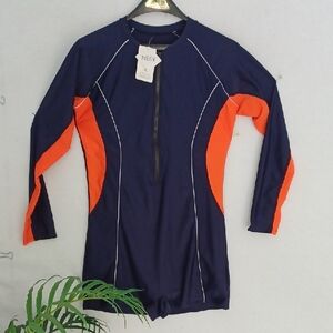 NWT. Navy and Orange Women's Rash Guard Swimsuit, XXL